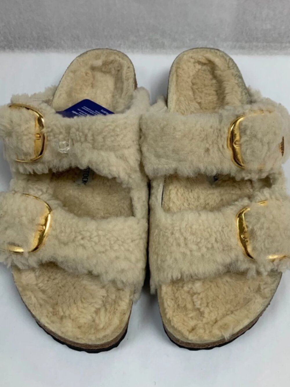 Birkenstock Arizona Gold Big Buckle Shearling Teddy Eggshell Narrow Width Sandal